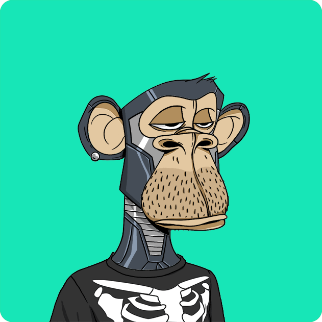 A cartoon NFT-style illustration of a bored-looking monkey wearing a black t-shirt, set against a bright teal background.