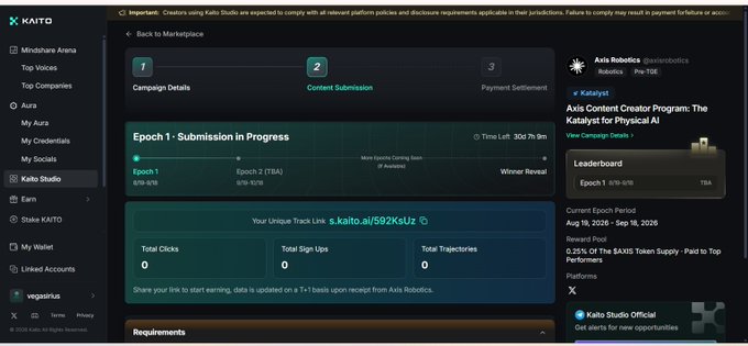 A screenshot of the KAITO platform showing Axis Robotics' Katalyst Content Creator Program for Physical AI, currently in "Content Submission" phase (step 2 of 3), with Epoch 1 active from 8/19-9/18 and Epoch 2 marked TBA, allocating 0.25% of the $AXIS token supply to top performers.