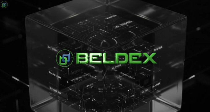 A digital graphic displaying the 'BELDEX' logo in green text inside a translucent glass cube with circuit board patterns and code visible on its surfaces.