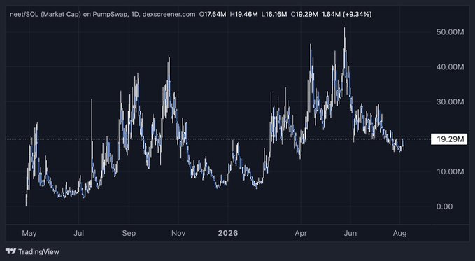 A TradingView line chart displaying the market cap of 'neet/SOL' on PumpSwap, with a current value of 19.29M and a daily gain of 9.34%.