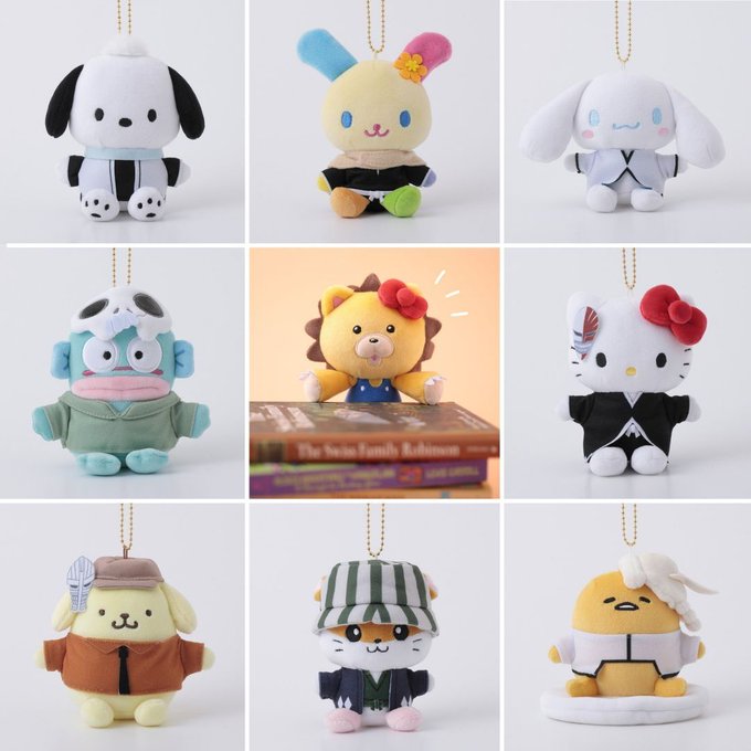 A grid of nine Sanrio character plush keychains, including Pochacco, Hello Kitty, Cinnamoroll, and others, many dressed in outfits resembling the 'Suzume' film characters.