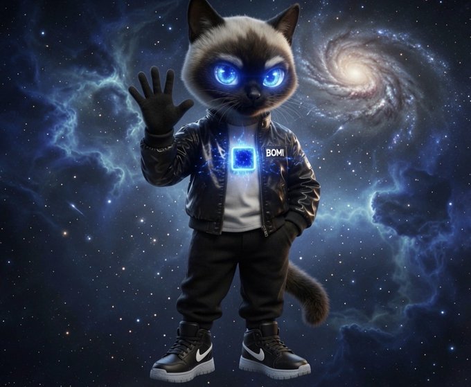 A 3D-rendered Siamese cat character with glowing blue eyes wearing a black leather jacket, white t-shirt with a glowing blue square badge labeled 'BOMI', black pants, and Nike sneakers, standing against a cosmic background featuring a swirling galaxy.