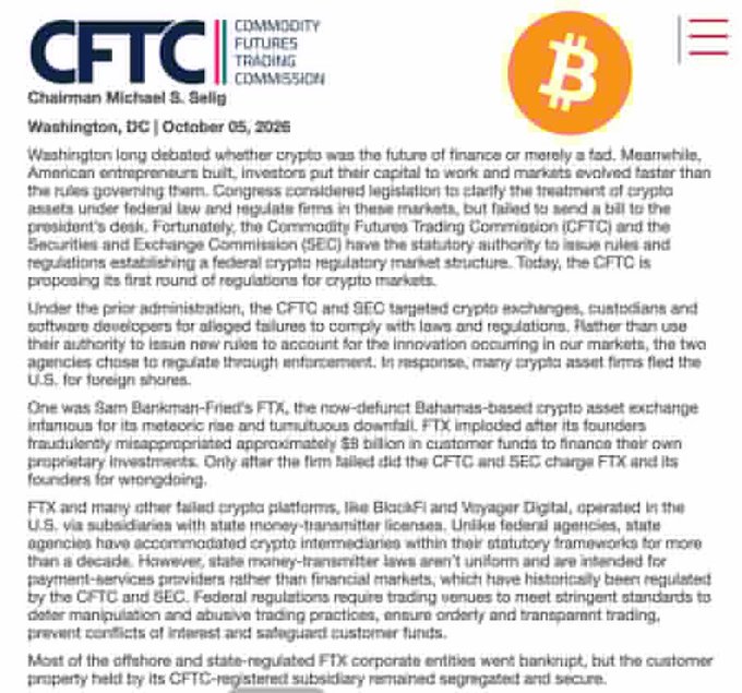 A document titled "CFTC | Commodity Futures Trading Commission" from Chairman Michael S. Selig dated October 05, 2026, discussing cryptocurrency regulation and mentioning FTX, BlockFi, and Voyager Digital, with a Bitcoin logo in the top right.