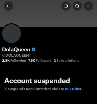 The image shows X (formerly Twitter) account "DolaQueen" (@DOLAQUEEN1) with 7.5K followers, displaying an "Account suspended" notice. This indicates the user is currently unable to post, aligning with the post's response that activity is "not happening at this moment" due to the suspension.