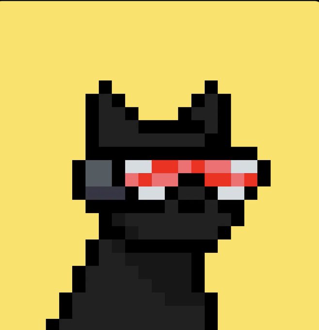 A pixel art image of a black cat-like creature wearing red and white pixelated sunglasses against a yellow background.