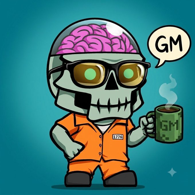 A cartoon illustration of a skeleton with an exposed pink brain wearing sunglasses and an orange prison jumpsuit marked '1776', holding a pixelated 'GM' mug with a speech bubble saying 'GM'.
