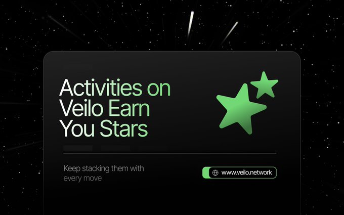 A promotional graphic with a dark, starry background promoting the Veilo platform, stating 'Activities on Veilo Earn You Stars' and directing viewers to www.veilo.network.