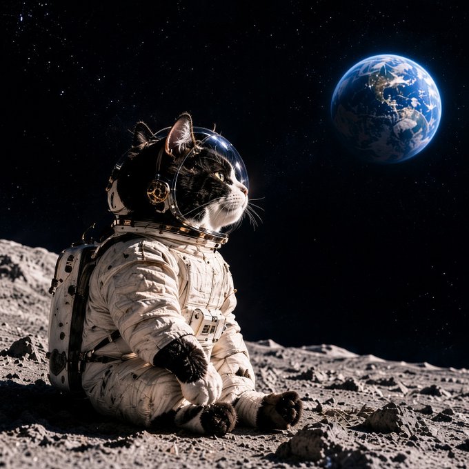 A creative digital illustration of a tabby cat wearing a detailed astronaut suit and helmet, gazing at Earth from what appears to be the lunar surface against a starry black sky.