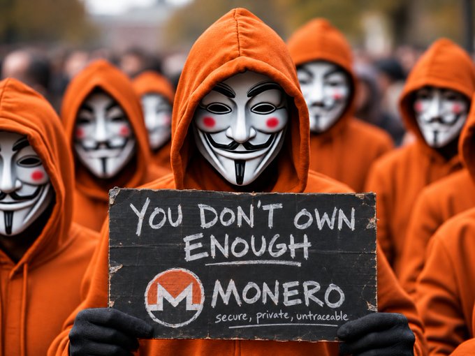 A masked individual holds a sign reading "YOU DON'T OWN ENOUGH MONERO — secure, private, untraceable," surrounded by similarly hooded figures in orange, reinforcing the post's message that no one truly has "enough" $XMR.