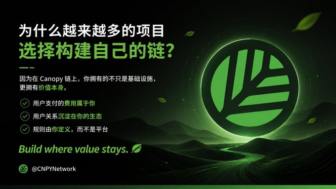 A Chinese promotional graphic for @CNPYNetwork featuring a green leaf logo and text about building projects on the Canopy chain where 'value stays.'