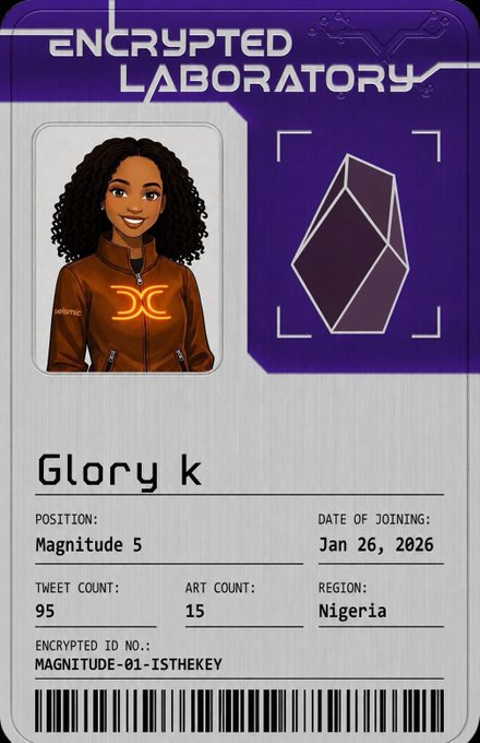An 'Encrypted Laboratory' ID card for 'Glory k', showing position as Magnitude 5, joined Jan 26, 2026, from Nigeria, with a cartoon avatar.