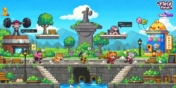A colorful promotional screenshot for the video game 'MapleStory Worlds Alpha Test,' featuring various cartoon characters, including monsters and a cat, in a vibrant 2D side-scrolling environment with trees, stone structures, and a river.