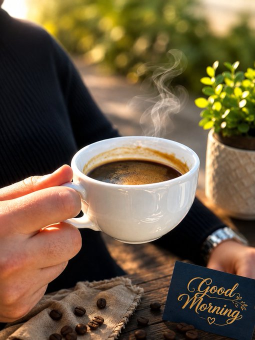 A close-up of a person holding a white ceramic cup of steaming black coffee, with coffee beans scattered on a wooden table and a small card reading 'Good Morning' in gold script.