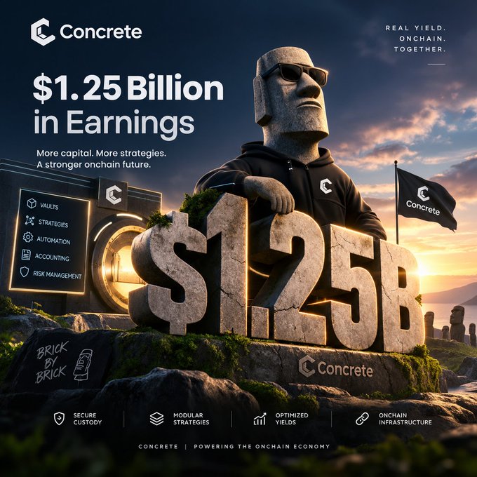 Promotional graphic for 'Concrete' advertising '$1.25 Billion in Earnings' featuring a large stone moai-like figure and the text 'Brick by Brick.'