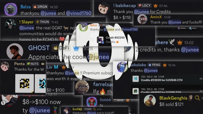 A collage of Twitch chat messages from various users (Natsu, Slayer, GHOST, Penta, etc.) expressing thanks to '@junee' for credits and subscriptions, overlaid with a central graphic mentioning 'Credit #92249'.