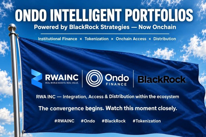 A promotional banner for 'ONDO INTELLIGENT PORTFOLIOS Powered by BlackRock Strategies — Now Onchain,' featuring logos for RWA INC, Ondo Finance, and BlackRock with hashtags #RWAINC #Ondo #BlackRock #Tokenization.