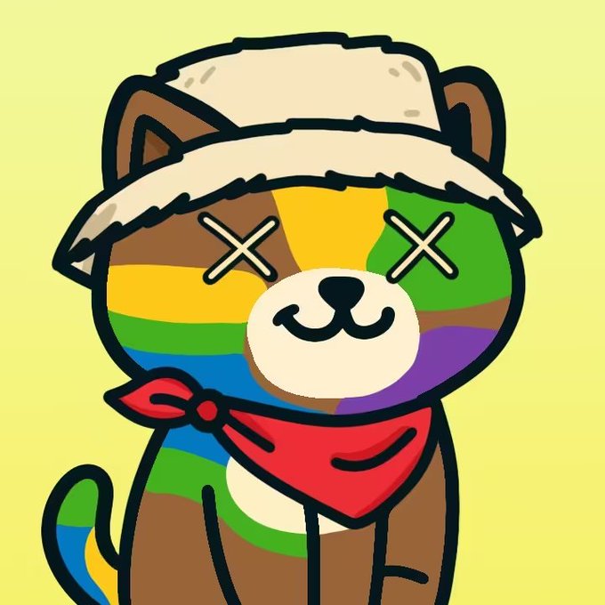 A cartoon illustration of a dead/deadpool-style dog character with X's for eyes, a red bandana, and a tattered hat, set against a yellow background.