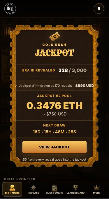 A screenshot of a 'Gold Rush Jackpot' mobile game screen showing 'Era III Revealed 328/3,000' and a 'Jackpot #2 Pool' of 0.3476 ETH (~$750 USD).