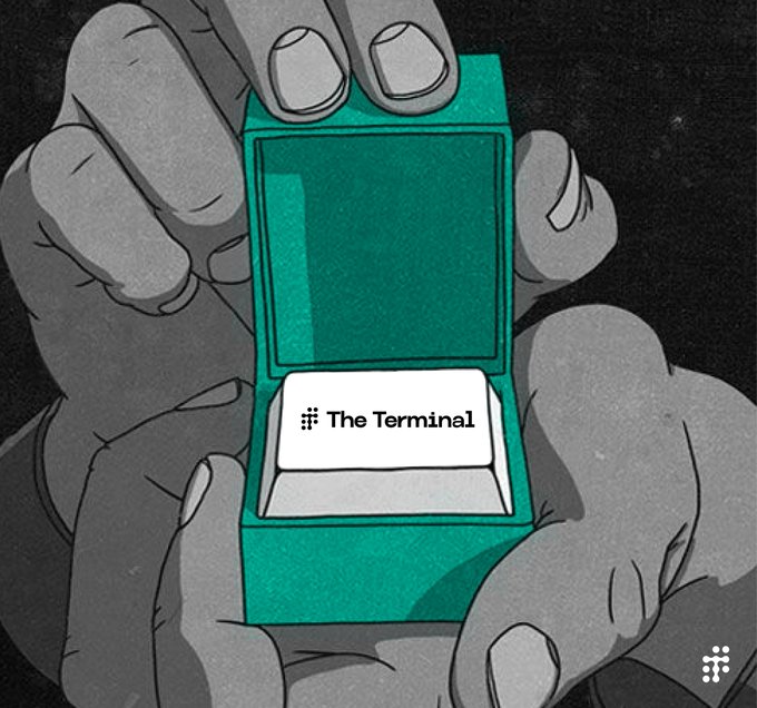 A pair of gray illustrated hands open a teal jewelry-style box to reveal a white key reading "The Terminal," visually representing the upcoming launch of the trading platform tied to the giveaway announcement.