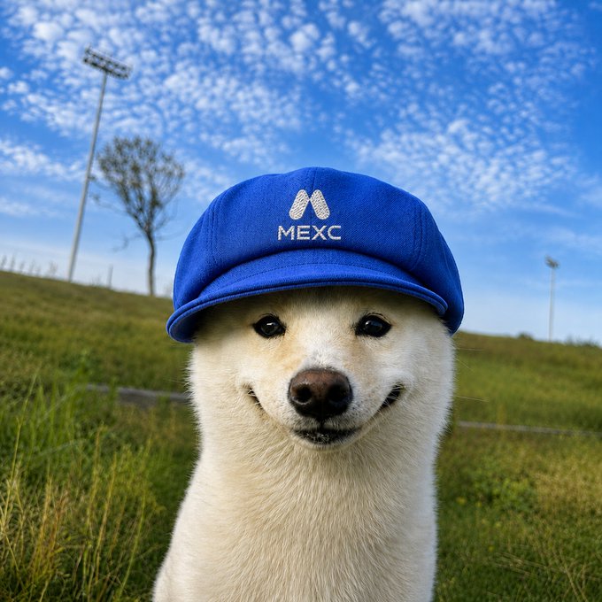 A white dog wearing a blue baseball cap with the 'MEXC' logo, sitting in a grassy field under a partly cloudy sky.