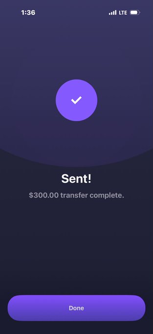 A mobile app confirmation screen displaying a purple checkmark icon with the text 'Sent!' and '$300.00 transfer complete.', along with a 'Done' button.