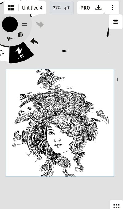 A digital drawing app interface showing an intricate black-and-white line art illustration of a woman's face with ornate headwear, with a canvas zoom level of 27%.