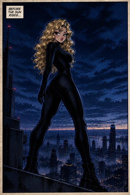 A comic book style illustration of a blonde woman in a black bodysuit and boots standing on a rooftop overlooking a city skyline at night, with text reading 'BEFORE THE SUN RISES...'
