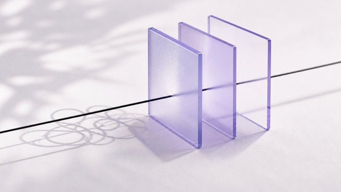 Minimalist 3D render of three translucent purple rectangular panels standing upright on a white surface with chain-link shadows.