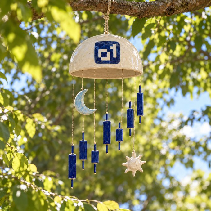 A ceramic wind chime hanging from a tree branch, featuring a cream-colored dome with a blue geometric pattern, blue rectangular chimes, and decorative ceramic moon and sun charms dangling below.