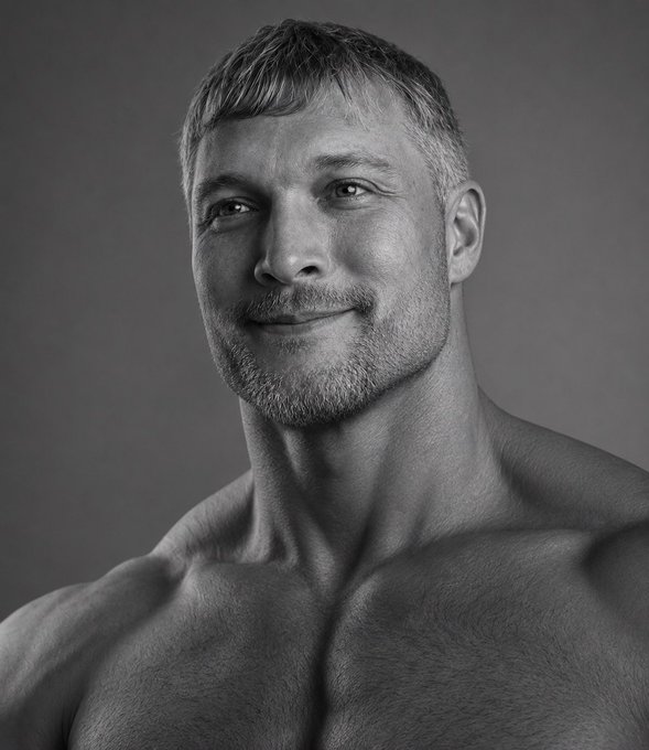 A black-and-white portrait of a muscular, shirtless man with short hair and stubble, looking directly at the camera with a slight smile against a gray background.