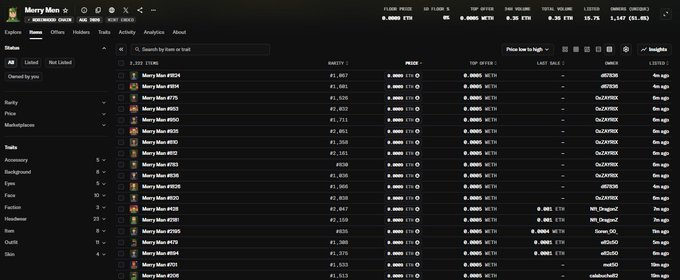 A screenshot of the Magic Eden marketplace shows a list of NFTs from the "Merry Men" collection, with floor prices, volumes, and listed items all reading 0.0000 ETH alongside USD values like $1.86–$2.10, illustrating the post's claim about cheaply minted NFTs now holding real-world value on the RH chain.