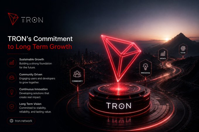 A promotional graphic for TRON titled 'TRON's Commitment to Long Term Growth,' highlighting Sustainable Growth, Community Driven, Continuous Innovation, and Long Term Vision, with a glowing red TRON logo and the website tron.network.