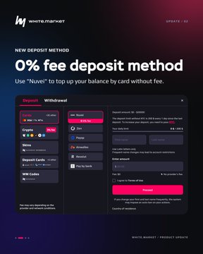 A promotional banner for WeAreMarket announcing a "0% fee deposit method" using "Nuvei" to top up balance by card, showing a deposit interface with cryptocurrency options including BTC and ETH.