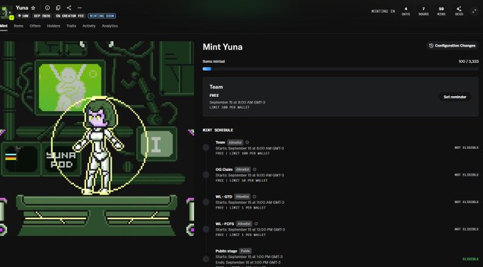 A screenshot of a cryptocurrency minting website showing "Mint Yuna" with a team listed as "FREE" and a mint schedule featuring dates in September 2025. A pixel art character stands next to a console labeled "YUNA POD".