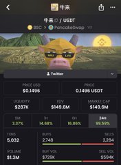 The image shows a cryptocurrency tracking screen for "牛市" (Bull Market) on Coinbase, displaying a price of $0.1496 USDT with a 7.37% 3-month gain, and the bullish frog meme on top visually reinforces the post's optimistic "BULL IS COMING" sentiment.