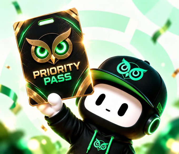 A 3D rendered mascot character wearing a black hoodie with a green owl logo holds up a gold and black card labeled 'PRIORITY PASS'.