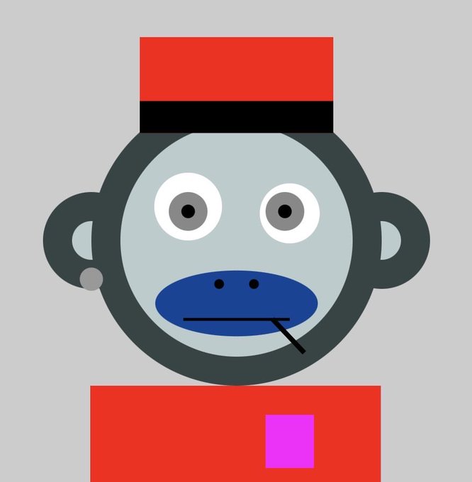 A cartoon monkey character wearing a red bellhop-style hat and red uniform with a blue pacifier-like mouth, rendered in a flat minimalist style.
