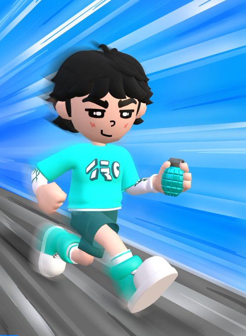 A 3D cartoon character with black hair runs forward while holding a green grenade, wearing a turquoise sweater with '1E0' on it.