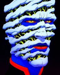 A digital artwork depicting a face split between blue and yellow textures, with bright yellow eyes and red lips against a black background.