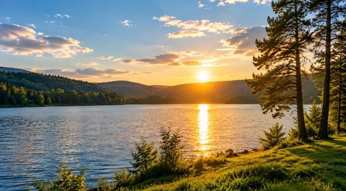 Scenic landscape photograph of a sunset over a calm lake, with mountains in the background, pine trees on the right, and golden light reflecting on the water.