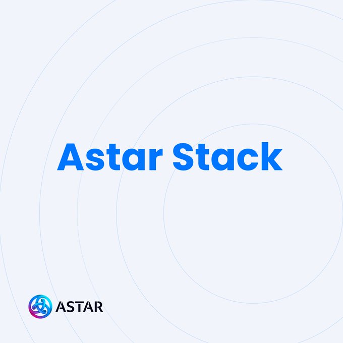 The image displays the title "Astar Stack" in bold blue text on a light background with subtle circular ripple patterns, accompanied by the Astar logo at the bottom. It serves as a clean, branded visual introducing Astar's suite of products designed to simplify onchain financial activities like saving, earning, and monitoring.