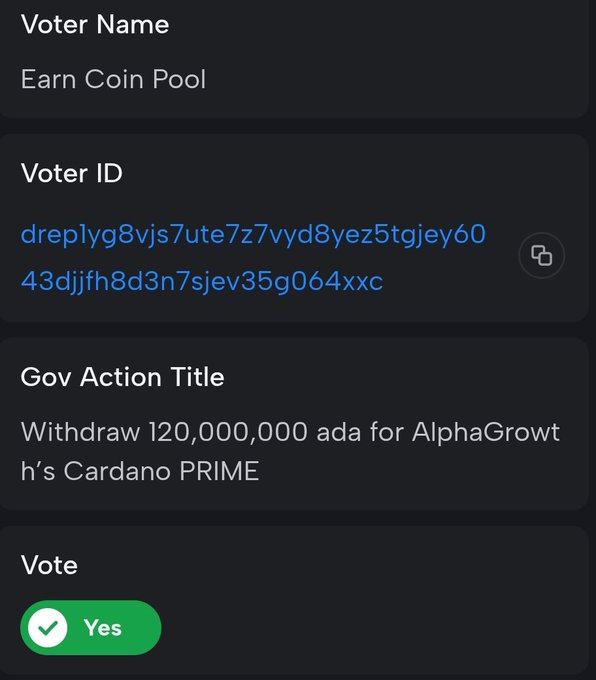 A voting record showing Voter Name 'Earn Coin Pool' with Voter ID 'dreplyg8vjs7ute7z7vyd8yez5tgjey6043djjfh8d3n7sjev35g064xxc', voting Yes on the governance action 'Withdraw 120,000,000 ada for AlphaGrowth's Cardano PRIME'.