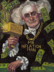 A satirical illustration of a man with powdered hair and a ruffled collar, surrounded by falling money, holding a golden object labeled 'PRINTING RAIN', with text reading 'MR INFLATION MAN'.