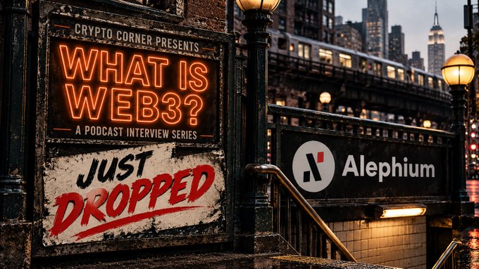 A promotional graphic styled like subway signage announcing 'CRYPTO CORNER PRESENTS WHAT IS WEB3? A PODCAST INTERVIEW SERIES JUST DROPPED' alongside the 'Alephium' logo, set against a dark city street background.