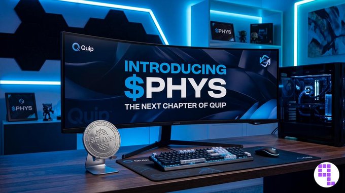 A blue-lit gaming setup featuring a monitor displaying 'INTRODUCING $PHYS - THE NEXT CHAPTER OF QUIP' alongside a matching coin and branded peripherals.