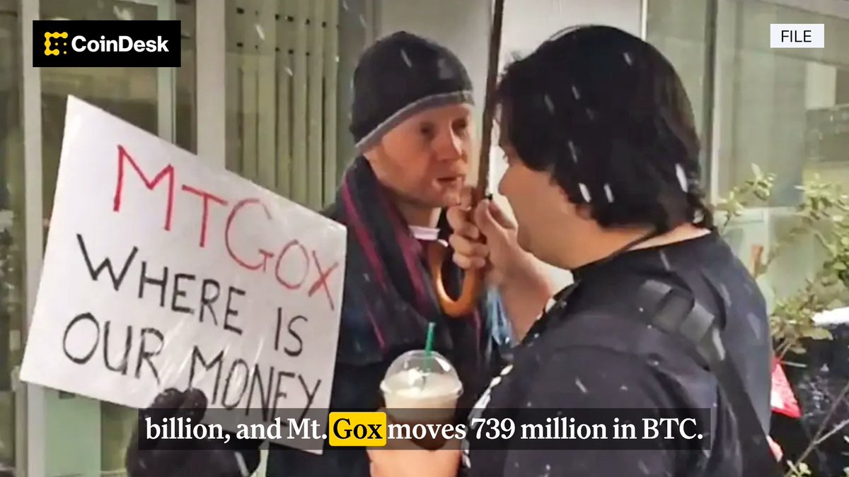 A man holding a sign with text that reads "MTCOX where our money moves 739 million inBTC" outside a building, accompanied by an image of another man drinking from a cup. The sign also includes mentions about Bitcoin ETFs and market behavior.