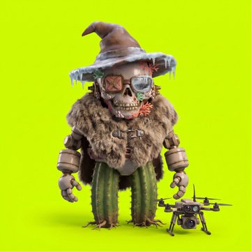 A 3D rendered character of a zombie-like creature with a witch hat, eyepatch, and fur clothing standing next to a small drone against a bright green background.