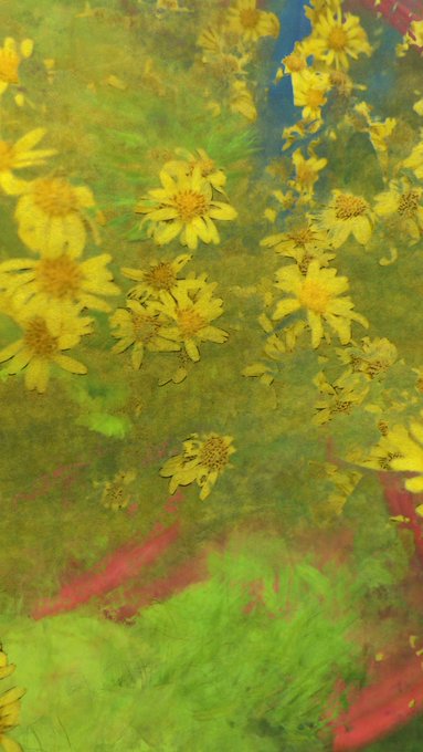 A vibrant, painterly digital artwork featuring clusters of yellow daisy-like flowers scattered across a lush green and red-tinted foliage background, with a small patch of blue sky in the upper right. The impressionistic, textured style evokes a sun-drenched meadow, complementing the collection of this piece on the Objkt marketplace.