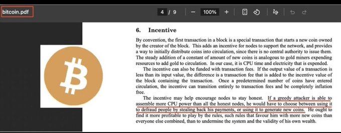 Screenshot of a PDF document titled 'bitcoin.pdf' showing section '6. Incentive' from the Bitcoin whitepaper, explaining mining incentives, transaction fees, and greedy attacker attack scenarios.