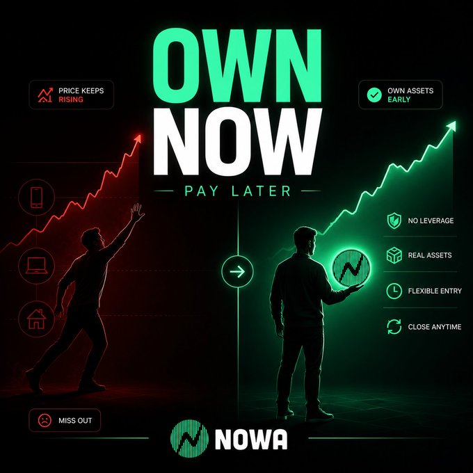 A promotional poster with the headline 'OWN NOW PAY LATER' showing a silhouette split between a red side labeled 'MISS OUT' and a green side with benefits like 'NO LEVERAGE', 'REAL ASSETS', 'FLEXIBLE ENTRY', and 'CLOSE ANYTIME' for the platform 'NOWA'.